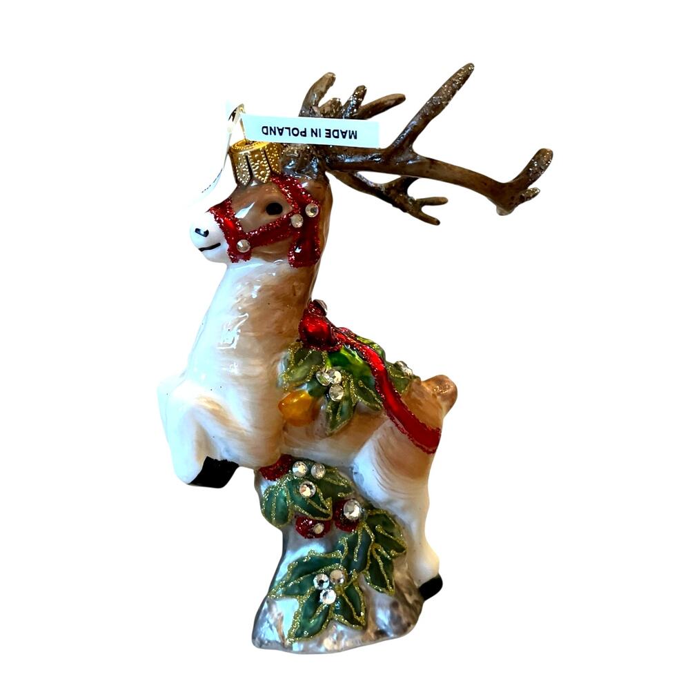Neiman Marcus Reindeer Christmas Ornament Hand Painted Mouth Blown Poland NEW